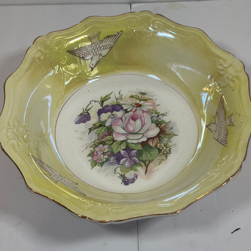 Vintage Yellow Glazed Gold-trim Floral Scalloped-End Serving Bowl Flowery Birds